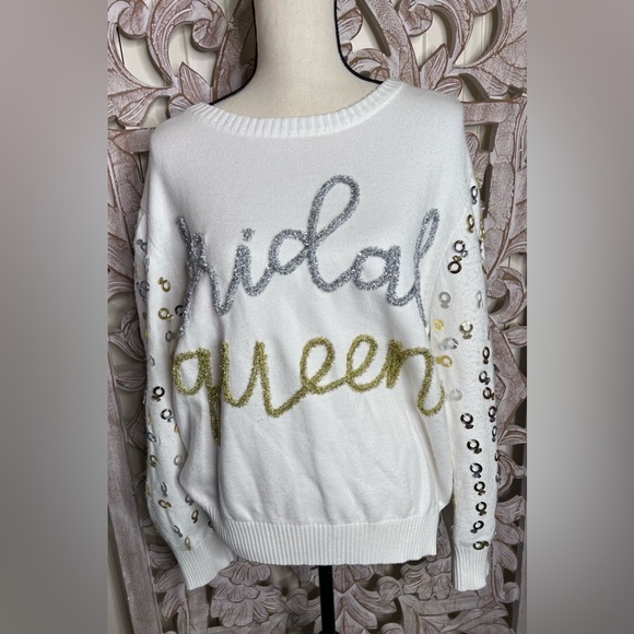 NWT Queen of Sparkles Bridal Queen White Crewneck Sweater Sz XL - Picture 4 of 10